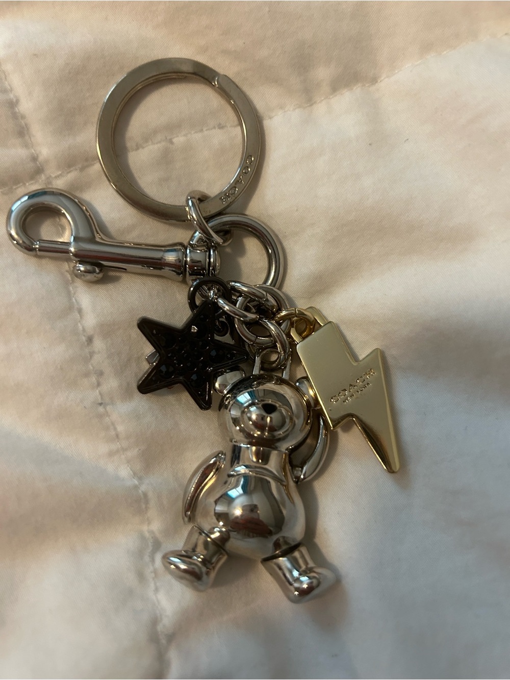 Rare Silver Bear Keychain with Black Star Charm and movable legs and arms